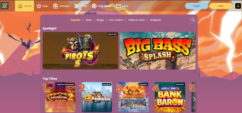 Zeus Bingo offers around 1,000 top titles popular on the UK market