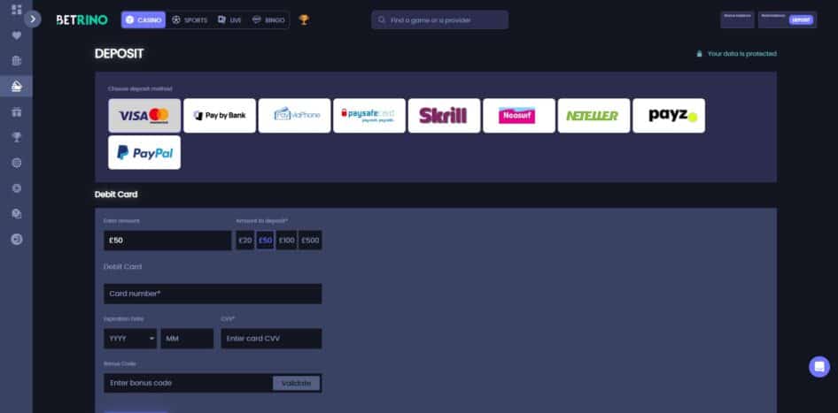 The deposit page at Betrino