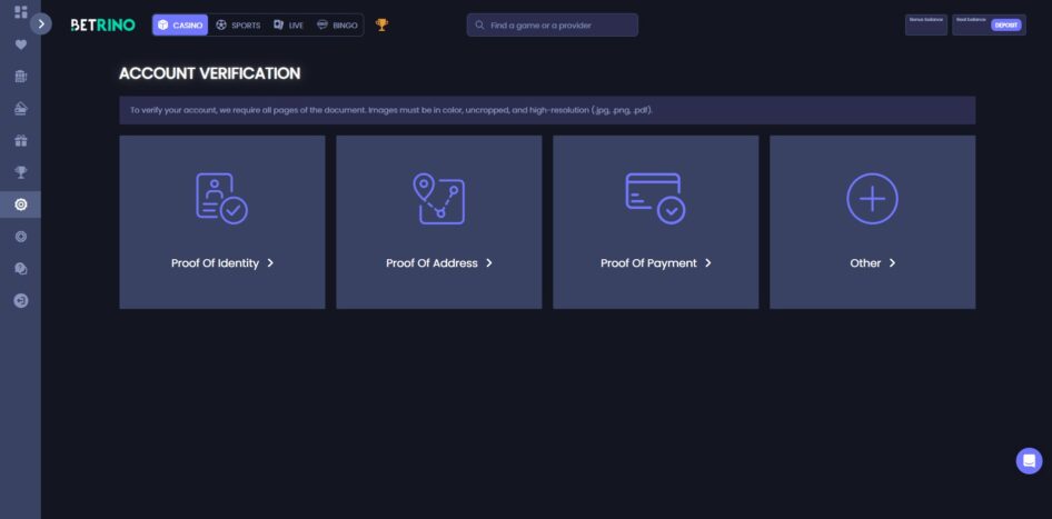 The account verification page at Betrino Casino