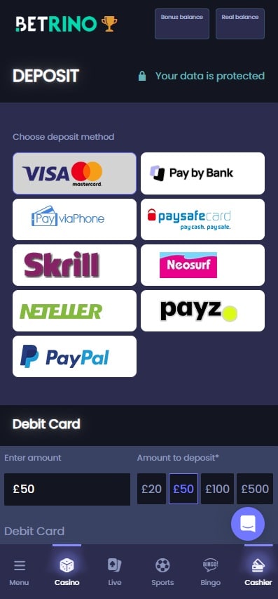 The deposit page on the Betrino Casino mobile site
