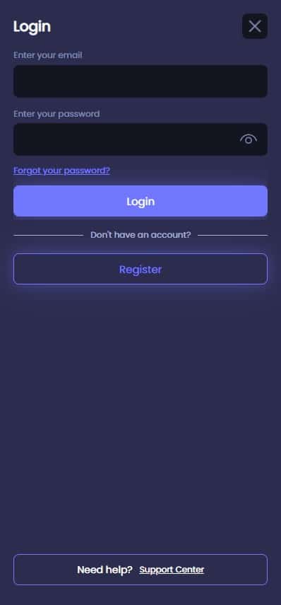 Login page at Betrino on mobile