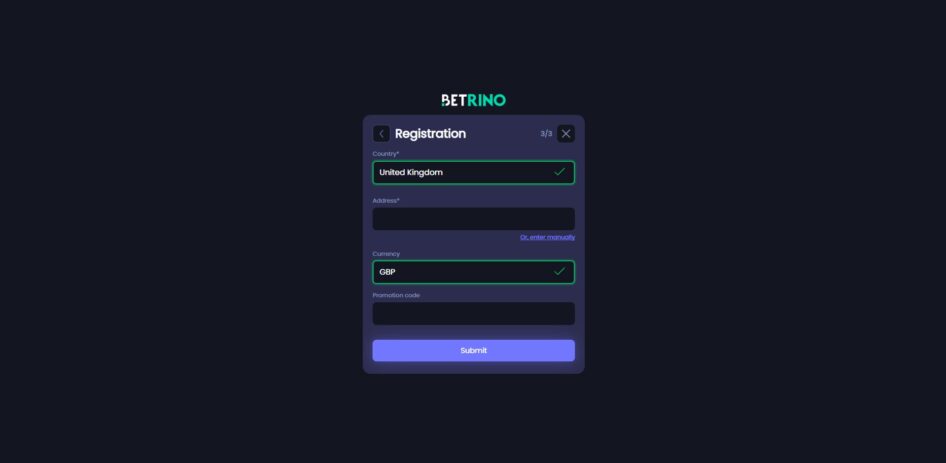 Final page of the Betrino registration process