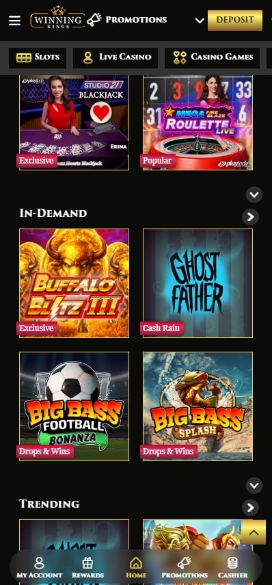 Games at Winning Kings mobile site