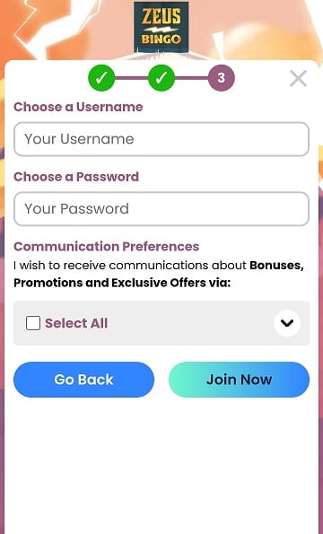 The final step of mobile registration requires you to come up with a username and password