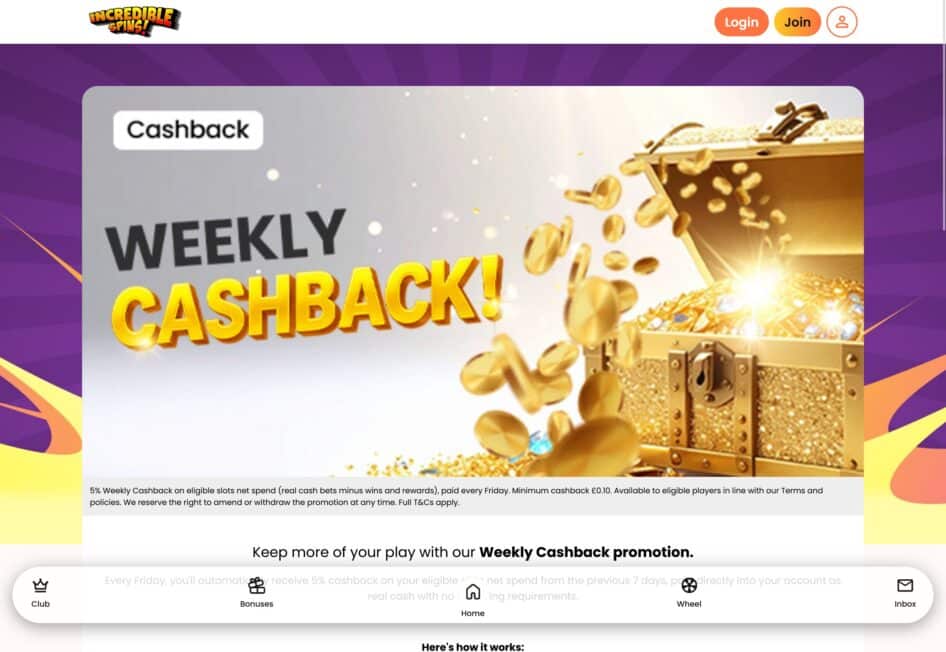 Incredible Spins Casino Cashback