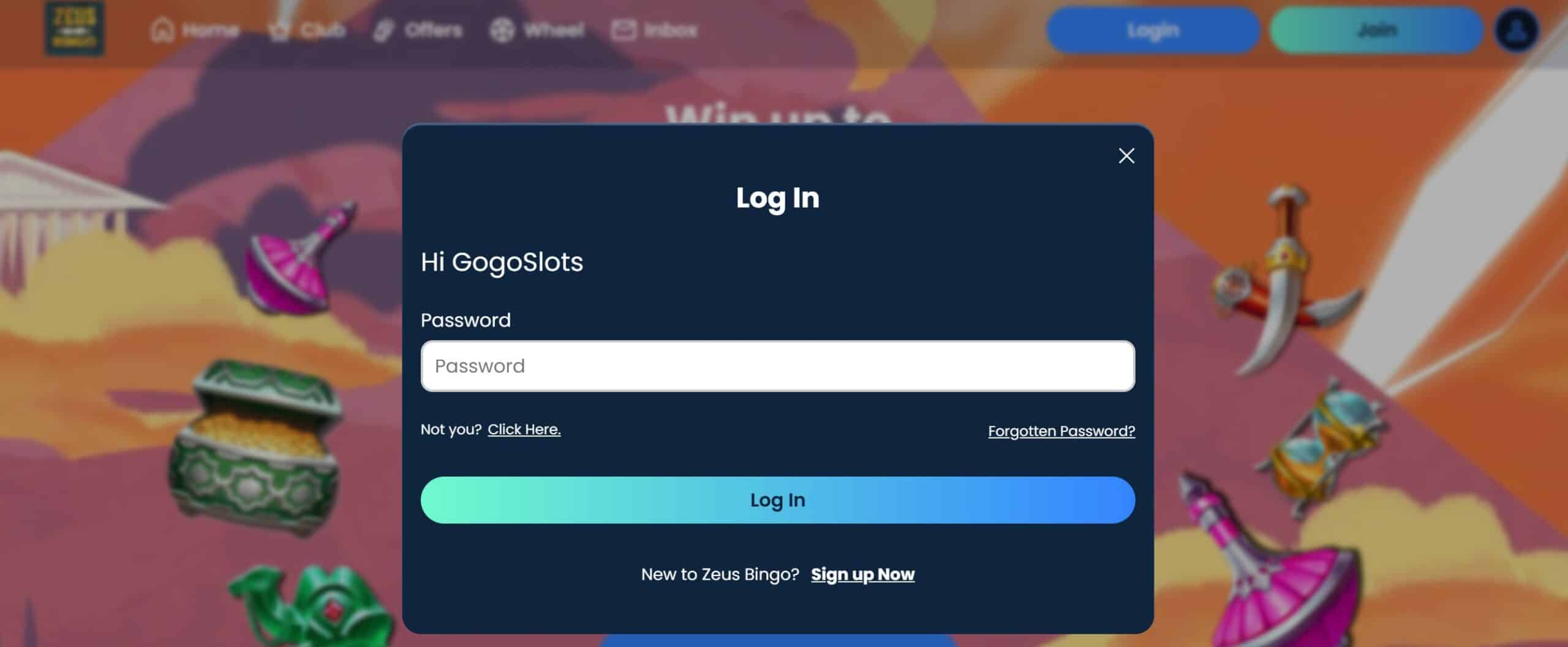 Zeus Bingo Login page allows for quick account access with a username and password