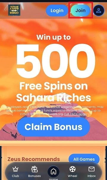 The registration button of the Zeus Bingo mobile app can be found in the upper-right corner