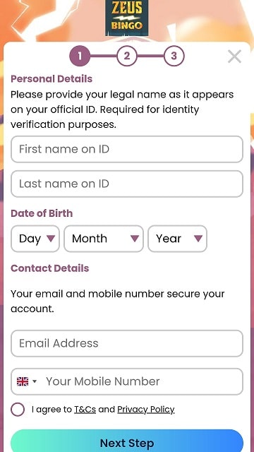 The first registration step requires you to enter your personal details