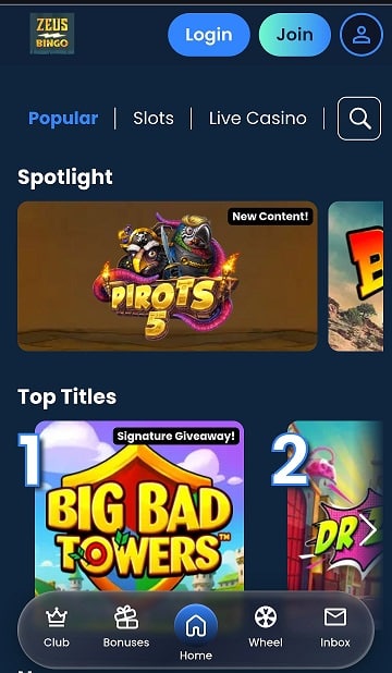 Mobile menu at Zeus Bingo