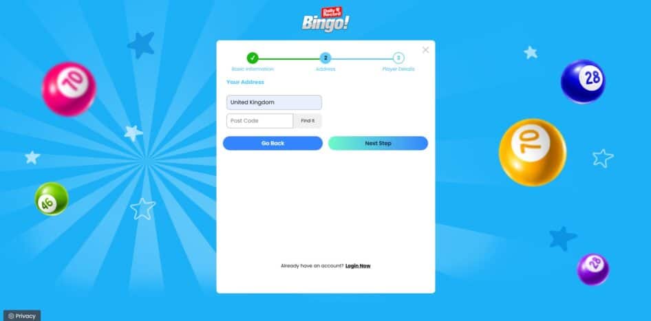 Second page of the Daily Record Bingo sign up process