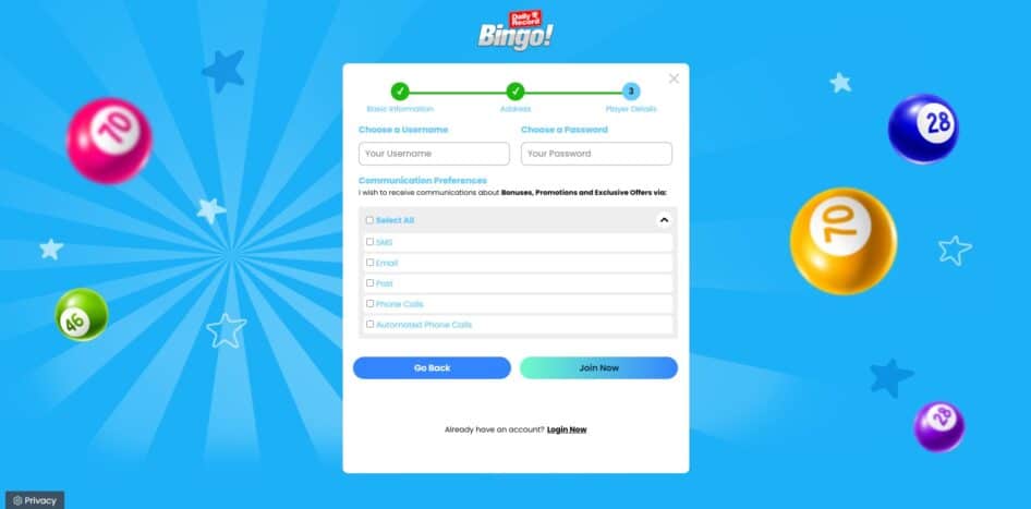 Final page of the sign up process at Daily Record Bingo