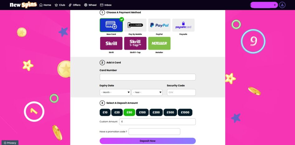 NewSpins deposit page