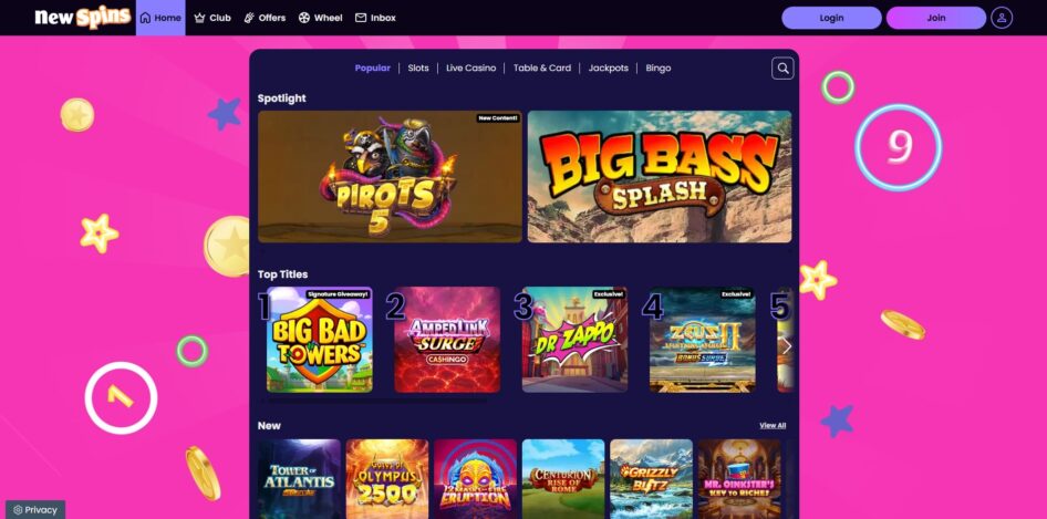 The games collection at NewSpins Casino