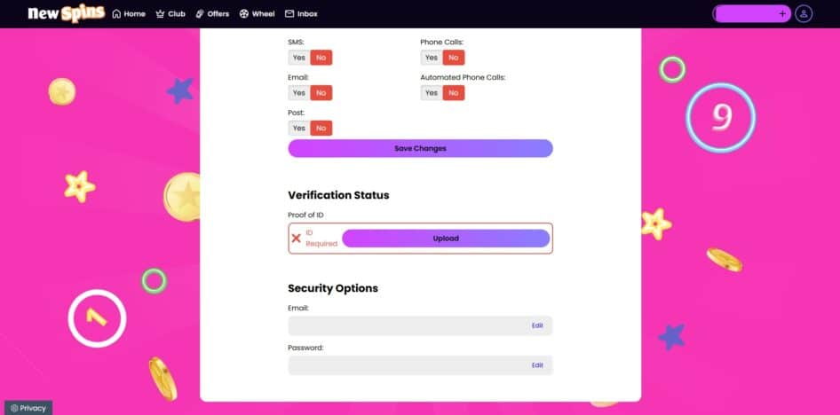 The account details page with ID upload option