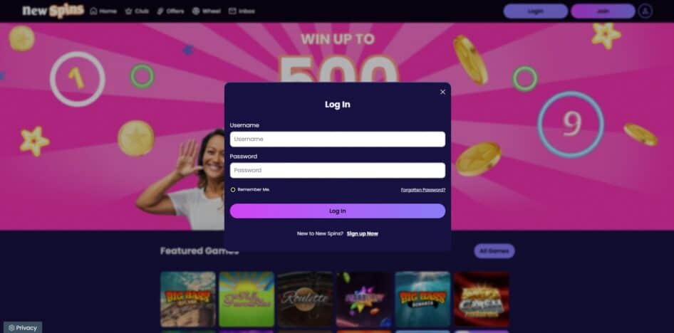 NewSpins Casino login page
