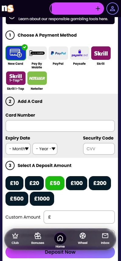 NewSpins mobile deposit page