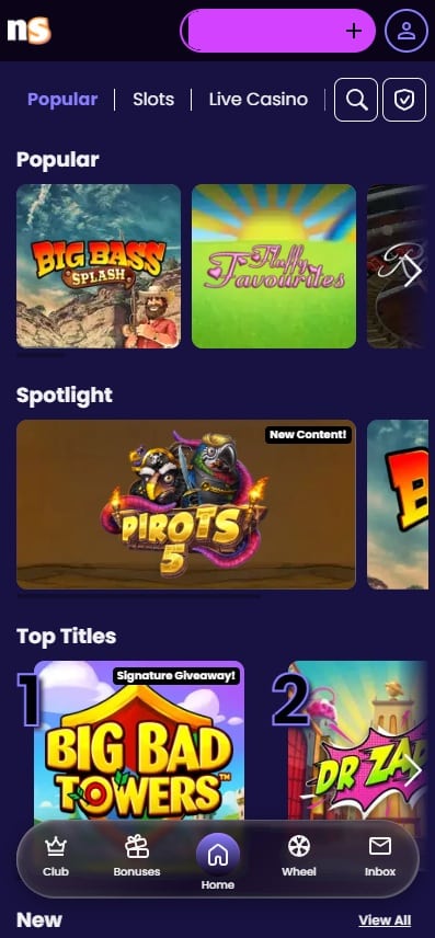 NewSpins mobile games lobby