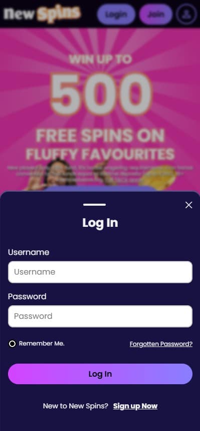 NewSpins mobile login page