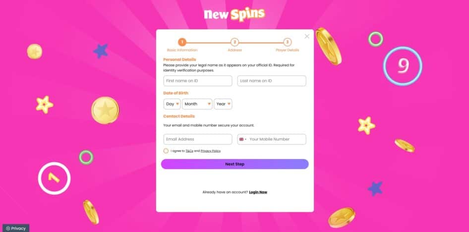 First page of the sign up process at NewSpins