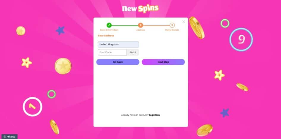 Second page of the NewSpins registration process