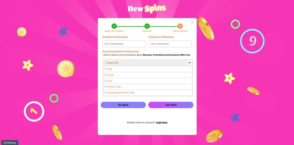 The final page of setting up your account at NewSpins Casino