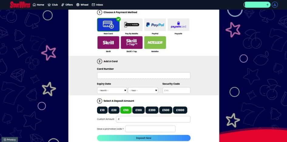 The deposit page at Star Wins Casino