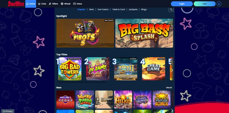 Games at Star Wins Casino