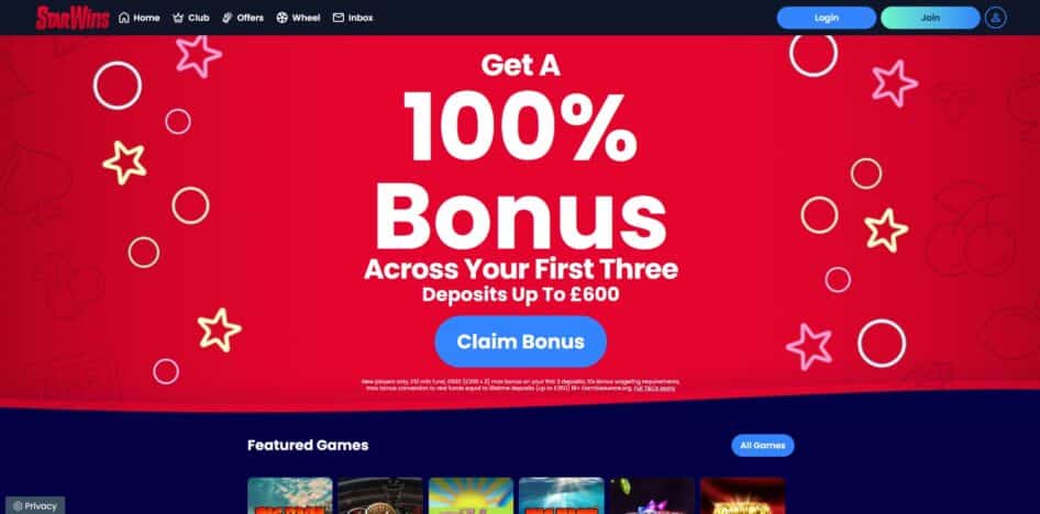 Star Wins Casino homepage