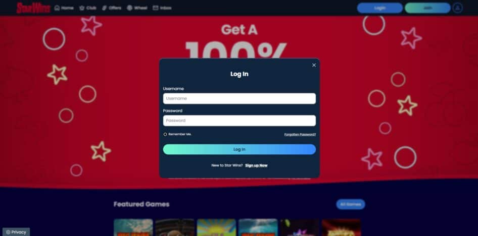 The login page at Star Wins Casino