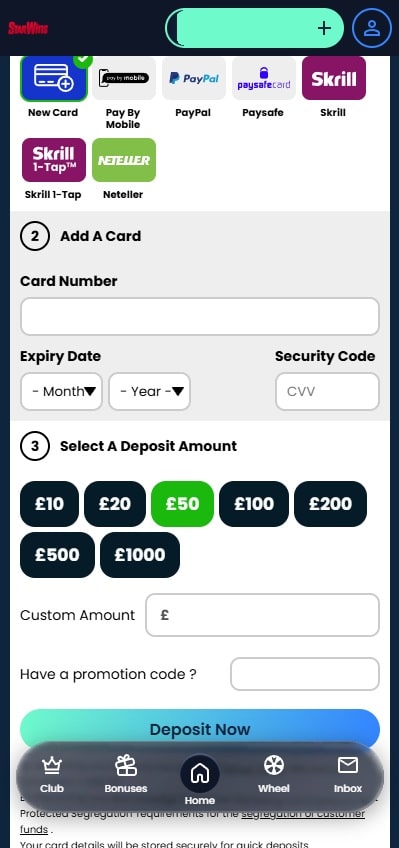 Star Wins mobile deposit page