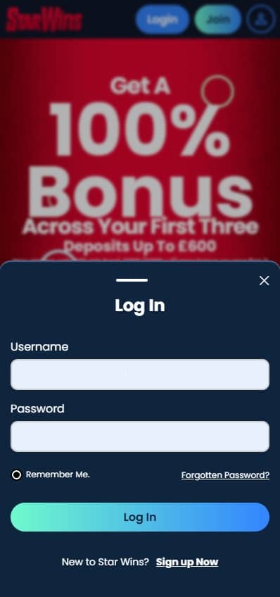 Star Wins mobile login page