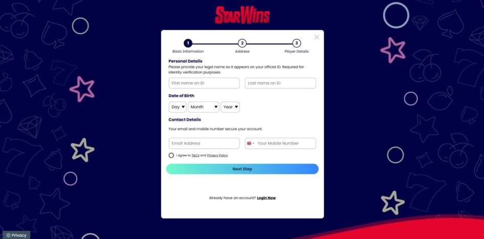 First page of the Star Wins sign up process